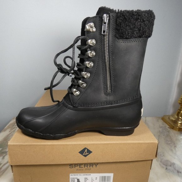 Sperry womens Saltwater Tall Leather Cozy Rain Boot, Black, 7 US - Picture 2 of 10
